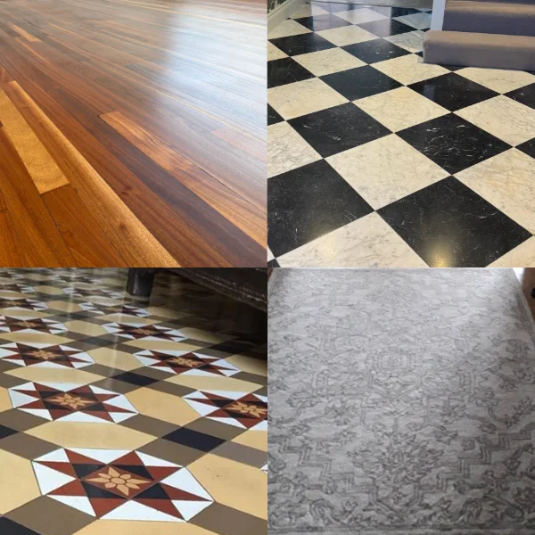 Four-way composite showing restored wood flooring, polished marble, deep-cleaned Victorian tiles, and a freshly cleaned decorative rug